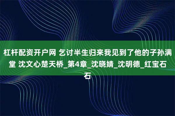 杠杆配资开户网 乞讨半生归来我见到了他的子孙满堂 沈文心楚天桥_第4章_沈晓婧_沈明德_红宝石